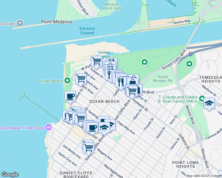 map of restaurants, bars, coffee shops, grocery stores, and more near 4942 Muir Avenue in San Diego