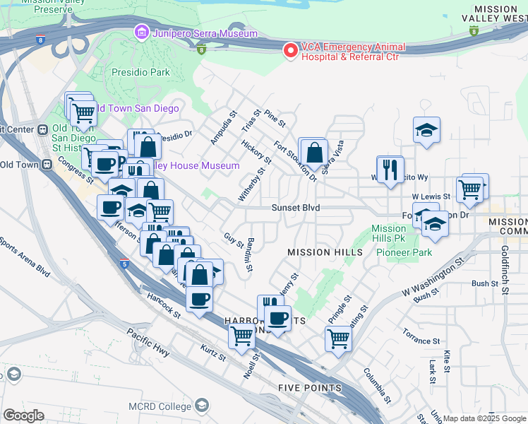 map of restaurants, bars, coffee shops, grocery stores, and more near 2031 Sunset Boulevard in San Diego