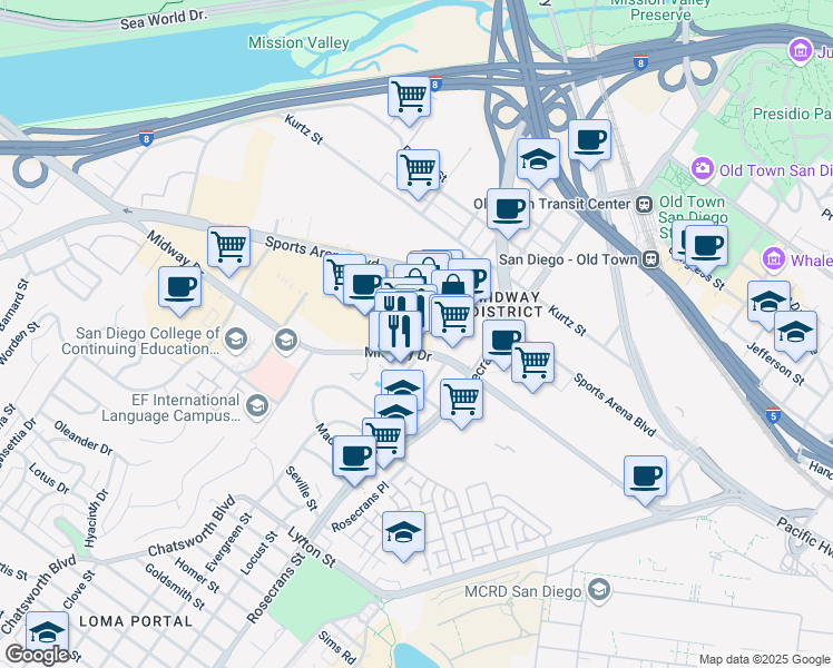 map of restaurants, bars, coffee shops, grocery stores, and more near 3166 Midway Drive in San Diego