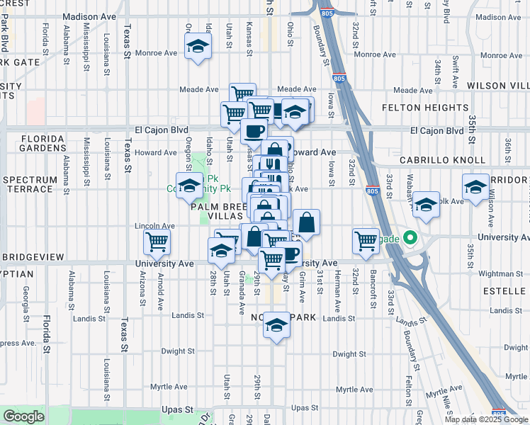 map of restaurants, bars, coffee shops, grocery stores, and more near 4034 30th Street in San Diego