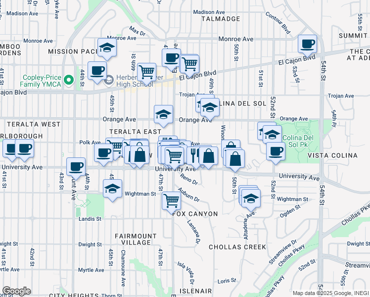 map of restaurants, bars, coffee shops, grocery stores, and more near 4074 48th Street in San Diego