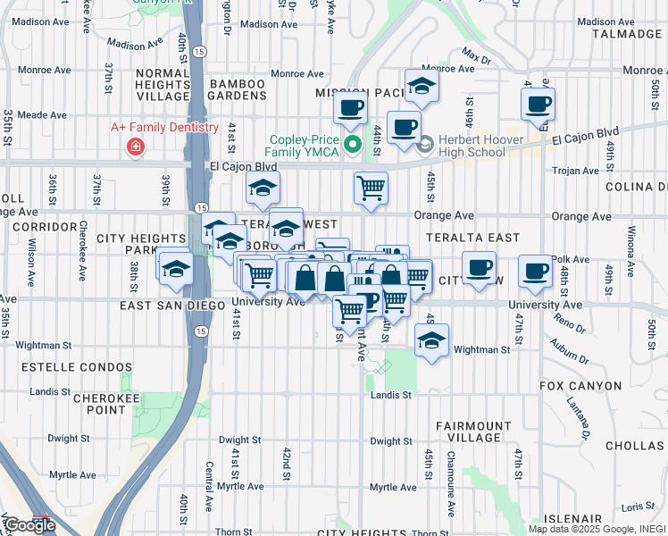 map of restaurants, bars, coffee shops, grocery stores, and more near 4064 43rd Street in San Diego