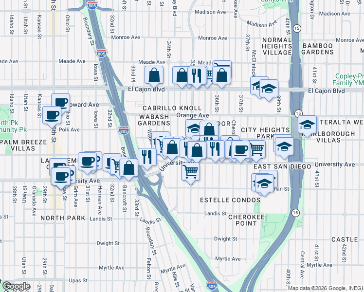 map of restaurants, bars, coffee shops, grocery stores, and more near 4064 35th Street in San Diego