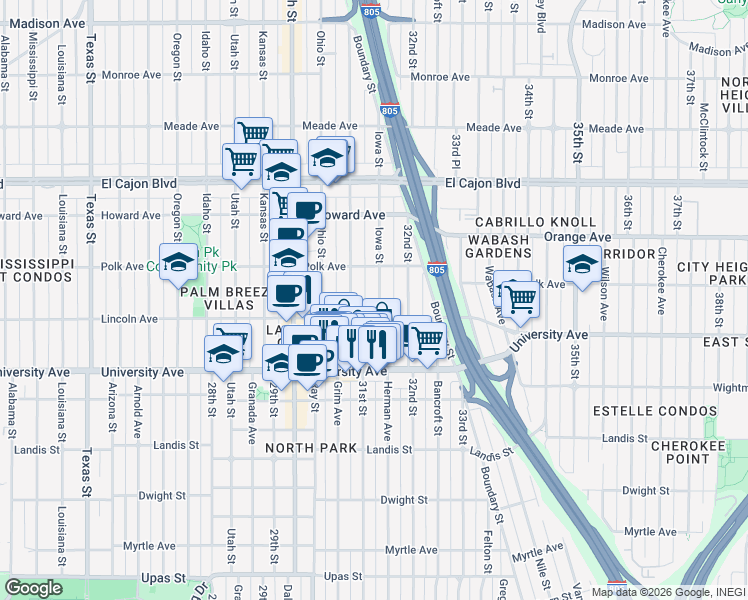 map of restaurants, bars, coffee shops, grocery stores, and more near 4033 Iowa Street in San Diego