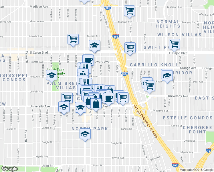 map of restaurants, bars, coffee shops, grocery stores, and more near 4031 Illinois Street in San Diego