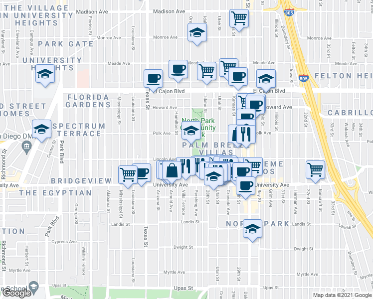 map of restaurants, bars, coffee shops, grocery stores, and more near 4041 Oregon Street in San Diego