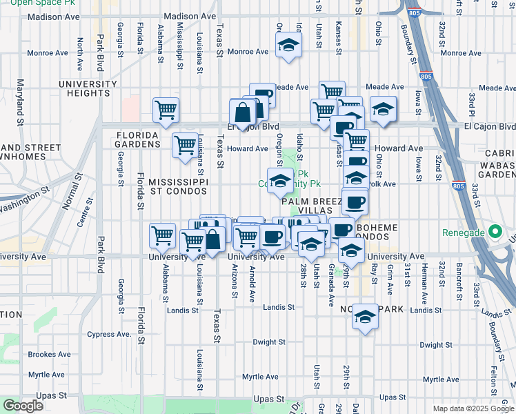 map of restaurants, bars, coffee shops, grocery stores, and more near 4032 Hamilton Street in San Diego