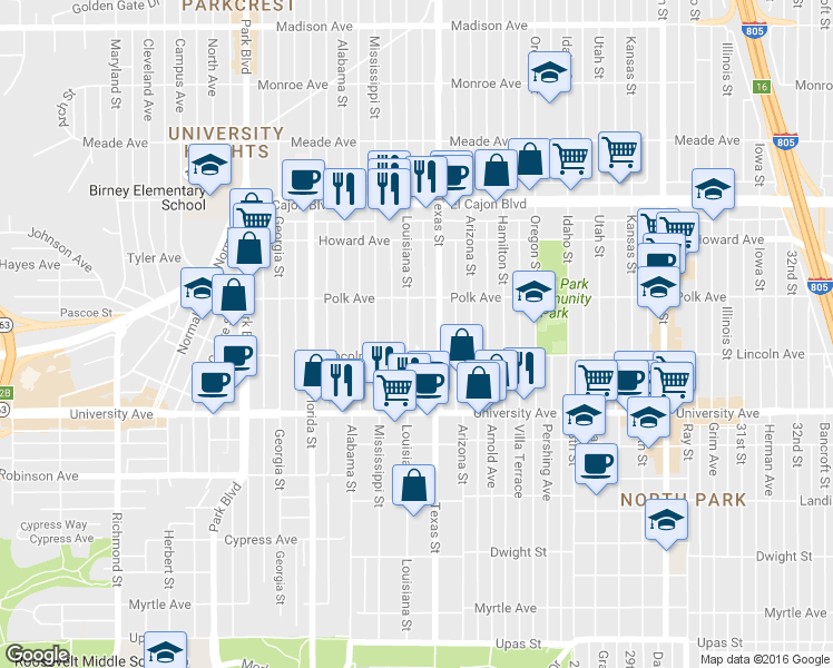 map of restaurants, bars, coffee shops, grocery stores, and more near 4033 Louisiana Street in San Diego