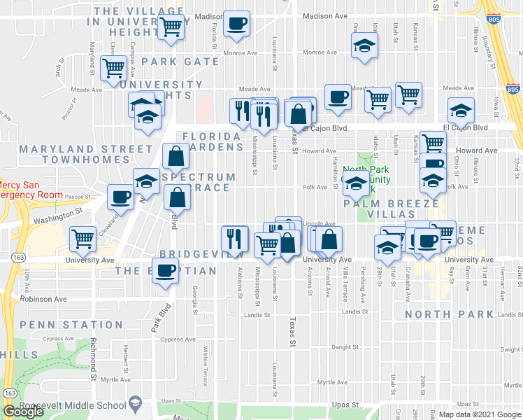 map of restaurants, bars, coffee shops, grocery stores, and more near 4035 Mississippi Street in San Diego
