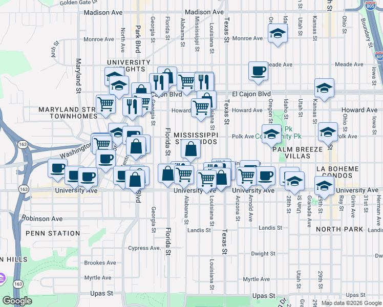 map of restaurants, bars, coffee shops, grocery stores, and more near 4025 Alabama Street in San Diego