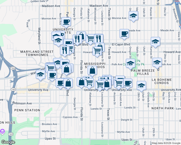 map of restaurants, bars, coffee shops, grocery stores, and more near 4025 Alabama Street in San Diego
