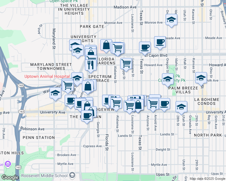 map of restaurants, bars, coffee shops, grocery stores, and more near 4025 Alabama Street in San Diego
