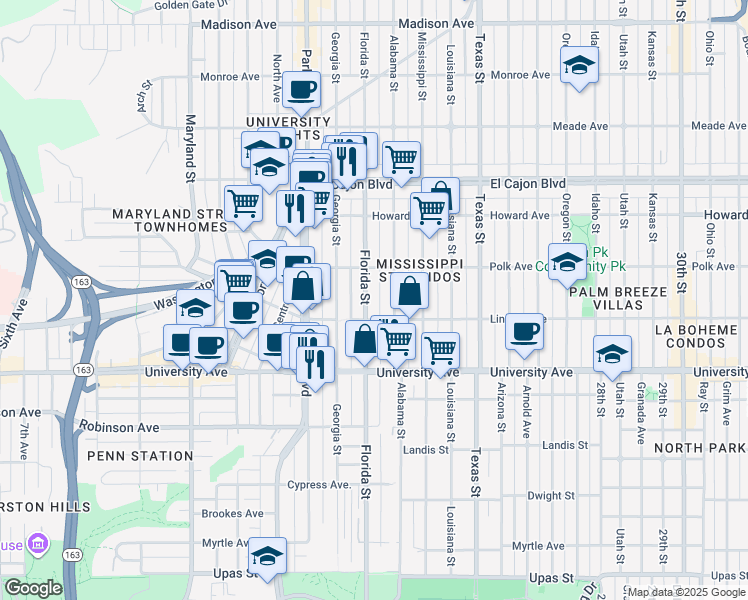 map of restaurants, bars, coffee shops, grocery stores, and more near 4034 Florida Street in San Diego