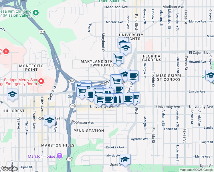 map of restaurants, bars, coffee shops, grocery stores, and more near 3966 Cleveland Avenue in San Diego