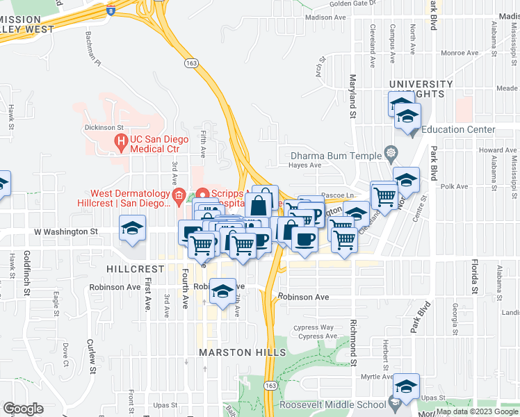 map of restaurants, bars, coffee shops, grocery stores, and more near 770 Washington Street in San Diego