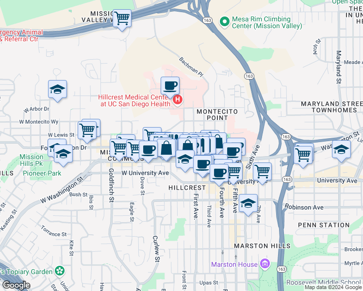 map of restaurants, bars, coffee shops, grocery stores, and more near 4054 Front Street in San Diego