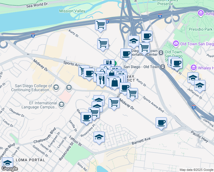 map of restaurants, bars, coffee shops, grocery stores, and more near 3610 Rosecrans Street in San Diego