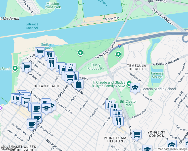 map of restaurants, bars, coffee shops, grocery stores, and more near 4662 West Point Loma Boulevard in San Diego