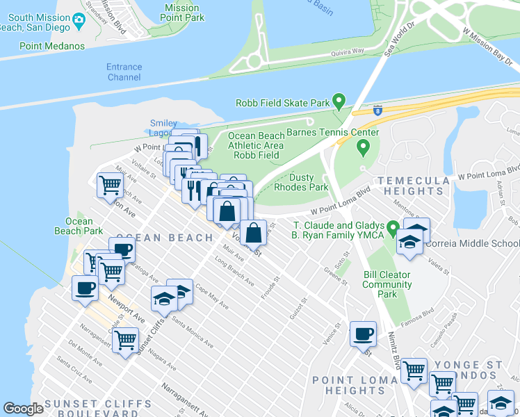 map of restaurants, bars, coffee shops, grocery stores, and more near 4770-72 West Point Loma Boulevard in San Diego