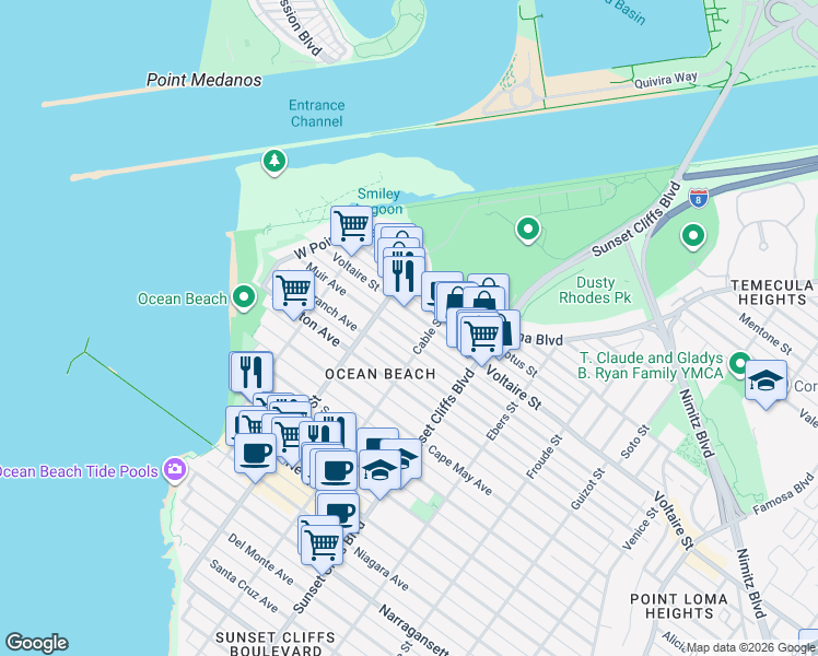map of restaurants, bars, coffee shops, grocery stores, and more near 4942 Muir Avenue in San Diego