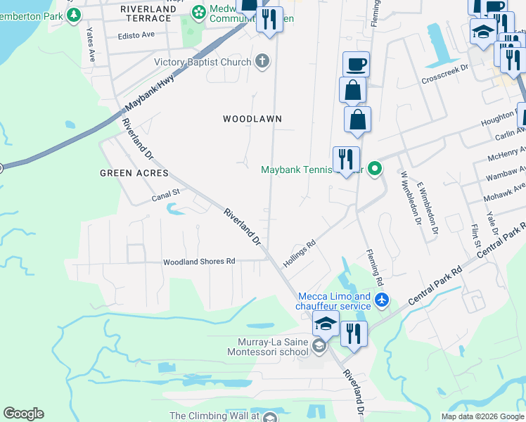 map of restaurants, bars, coffee shops, grocery stores, and more near 489 Woodland Shores Road in Charleston