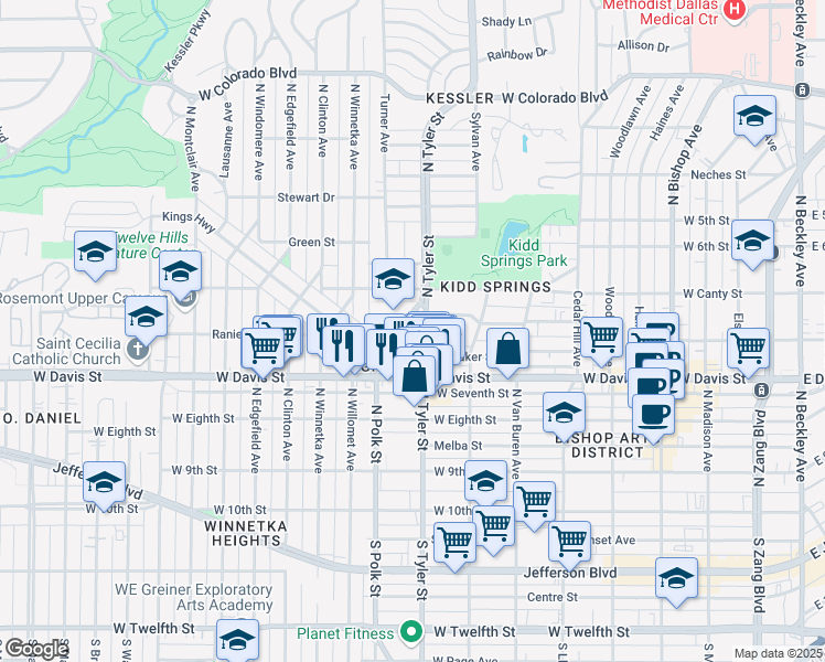 map of restaurants, bars, coffee shops, grocery stores, and more near 630 Turner Avenue in Dallas