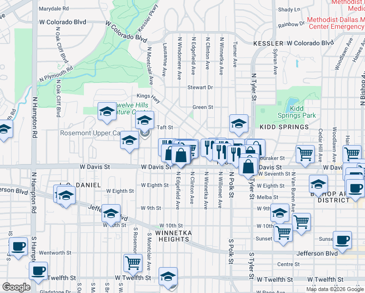 map of restaurants, bars, coffee shops, grocery stores, and more near 703 North Clinton Avenue in Dallas