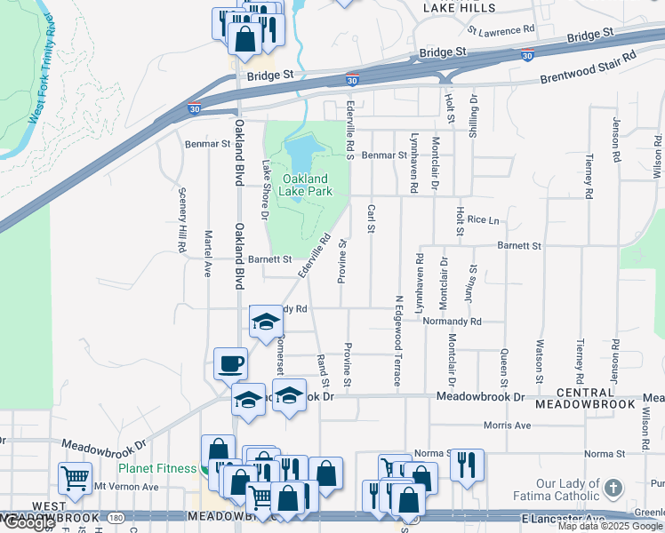 map of restaurants, bars, coffee shops, grocery stores, and more near 1820 Provine Street in Fort Worth
