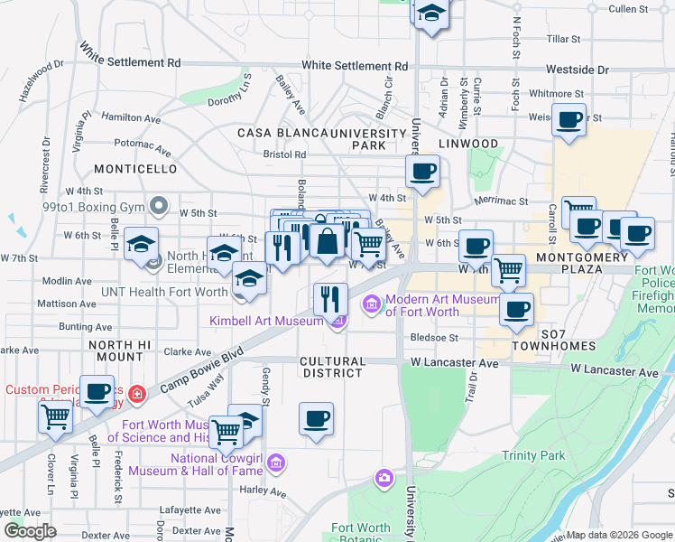 map of restaurants, bars, coffee shops, grocery stores, and more near in Fort Worth