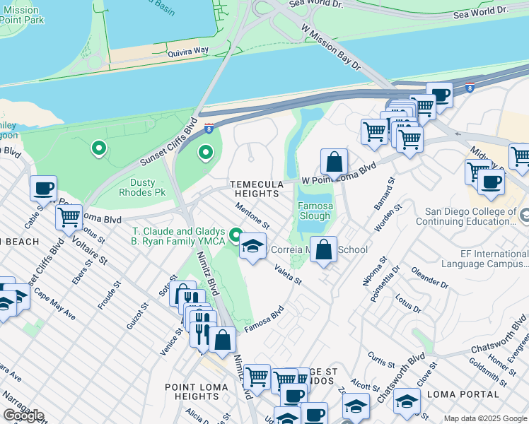 map of restaurants, bars, coffee shops, grocery stores, and more near 4363 Temecula Street in San Diego
