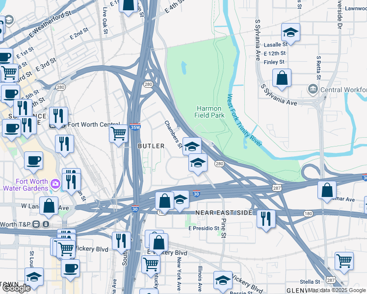 map of restaurants, bars, coffee shops, grocery stores, and more near 1709 Chambers Street in Fort Worth