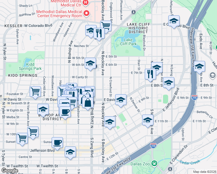 map of restaurants, bars, coffee shops, grocery stores, and more near 707 N Crawford St in Dallas