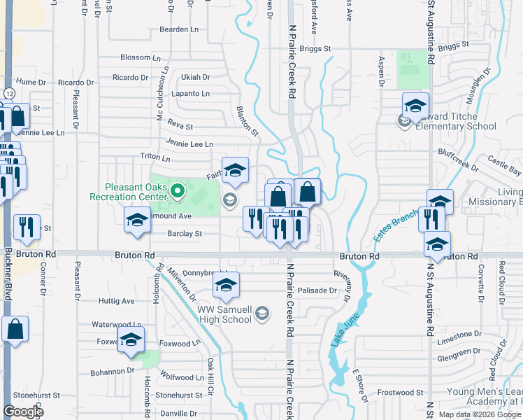 map of restaurants, bars, coffee shops, grocery stores, and more near 2210 Blanton Street in Dallas