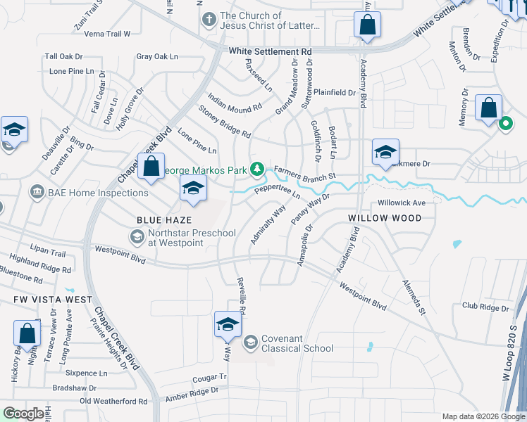 map of restaurants, bars, coffee shops, grocery stores, and more near 625 Reveille Road in Fort Worth