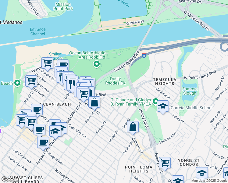 map of restaurants, bars, coffee shops, grocery stores, and more near 4672 West Point Loma Boulevard in San Diego