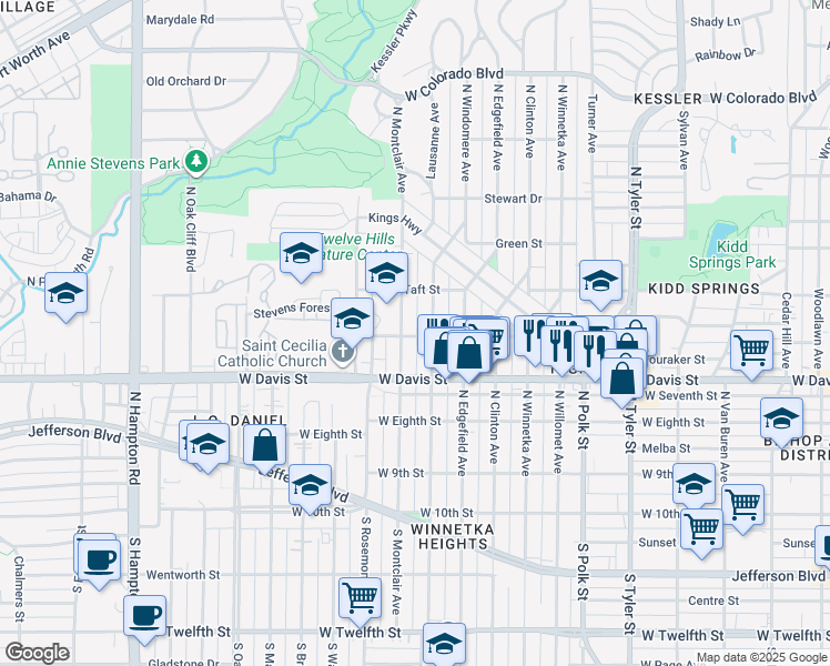 map of restaurants, bars, coffee shops, grocery stores, and more near 1515 Ranier Street in Dallas