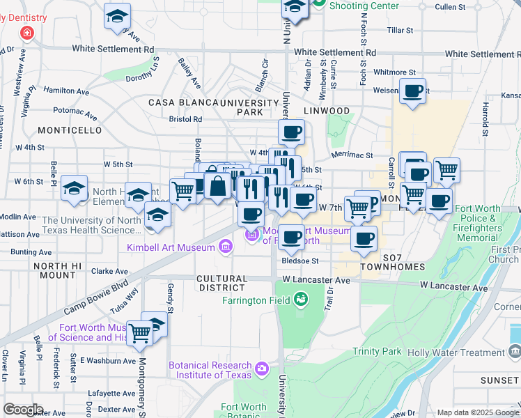 map of restaurants, bars, coffee shops, grocery stores, and more near 3131 West 7th Street in Fort Worth