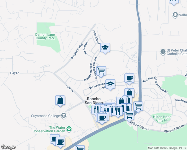 map of restaurants, bars, coffee shops, grocery stores, and more near 12150 Via Elena in El Cajon