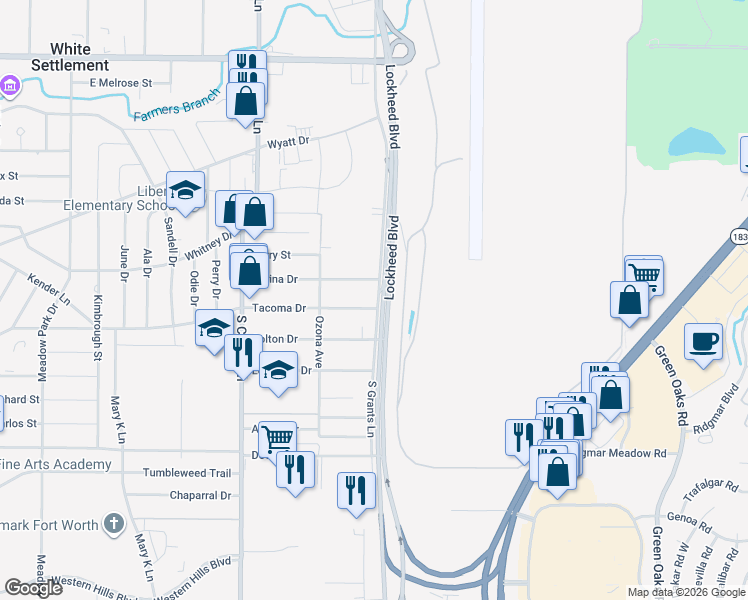 map of restaurants, bars, coffee shops, grocery stores, and more near 7620 Tacoma Drive in Fort Worth