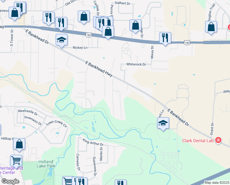 map of restaurants, bars, coffee shops, grocery stores, and more near 1602 Patti Place in Weatherford