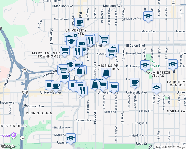 map of restaurants, bars, coffee shops, grocery stores, and more near 4034 Florida Street in San Diego