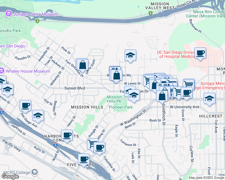 map of restaurants, bars, coffee shops, grocery stores, and more near 1704 Fort Stockton Drive in San Diego