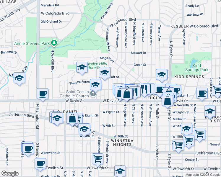 map of restaurants, bars, coffee shops, grocery stores, and more near 700 North Montclair Avenue in Dallas