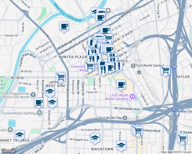 map of restaurants, bars, coffee shops, grocery stores, and more near 307-309 West 7th Street in Fort Worth