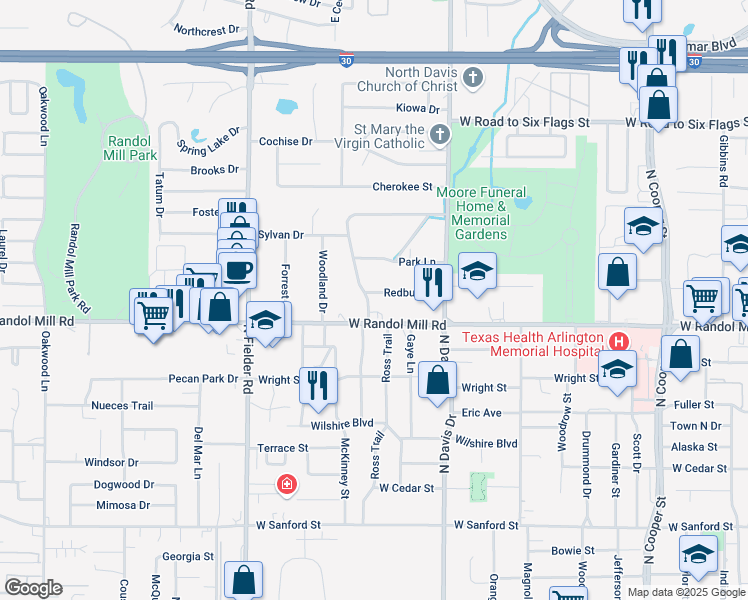 map of restaurants, bars, coffee shops, grocery stores, and more near 1320 Redbud Drive in Arlington