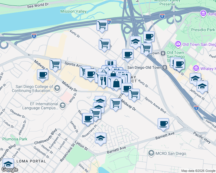 map of restaurants, bars, coffee shops, grocery stores, and more near 3142 Midway Drive in San Diego