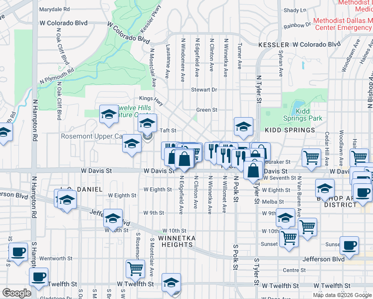 map of restaurants, bars, coffee shops, grocery stores, and more near 703 North Clinton Avenue in Dallas