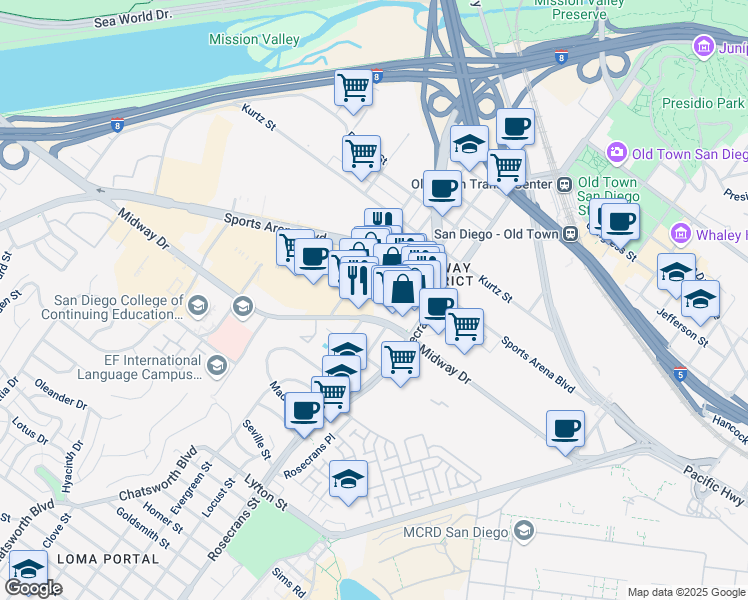 map of restaurants, bars, coffee shops, grocery stores, and more near 3140 Midway Drive in San Diego