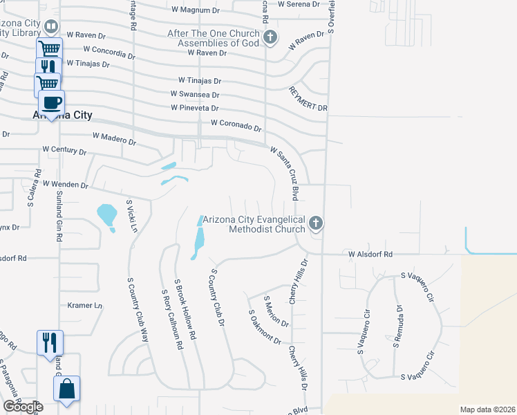 map of restaurants, bars, coffee shops, grocery stores, and more near 14203 South Gleneagle Lane in Arizona City