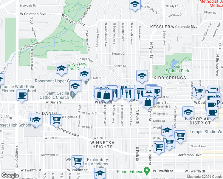map of restaurants, bars, coffee shops, grocery stores, and more near 703 North Clinton Avenue in Dallas